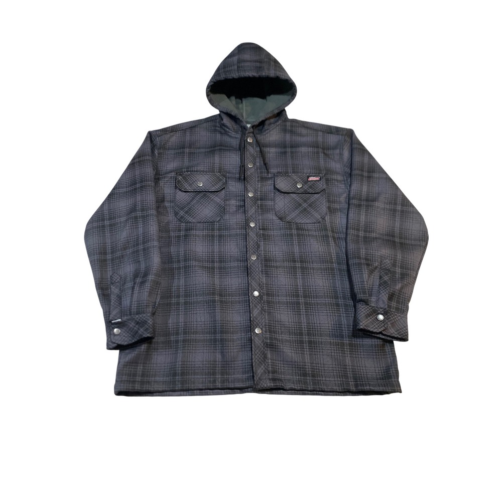 Genuine Dickies Mens XL Hooded Flannel Jacket Grey Black Plaid Fleece Lining